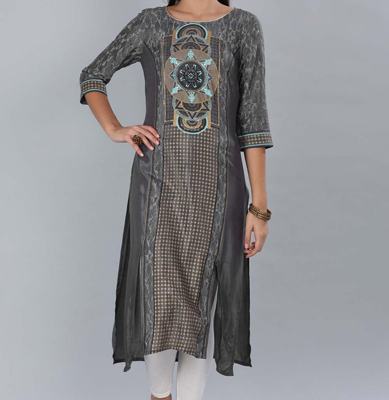 Aurelia Grey Round Neck Printed Kurta