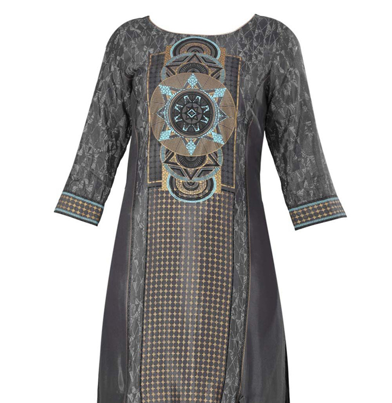 Aurelia Grey Round Neck Printed Kurta
