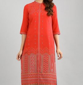 Aurelia Red Band Collar Printed Kurta