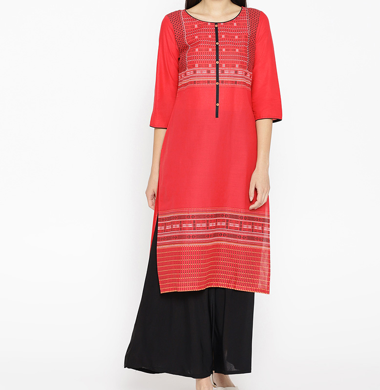 Aurelia Red & Black Yoke Design Straight Kurta