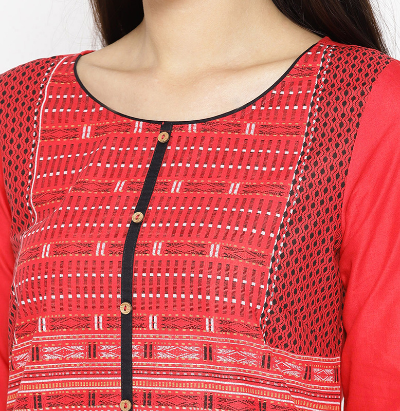 Aurelia Red & Black Yoke Design Straight Kurta