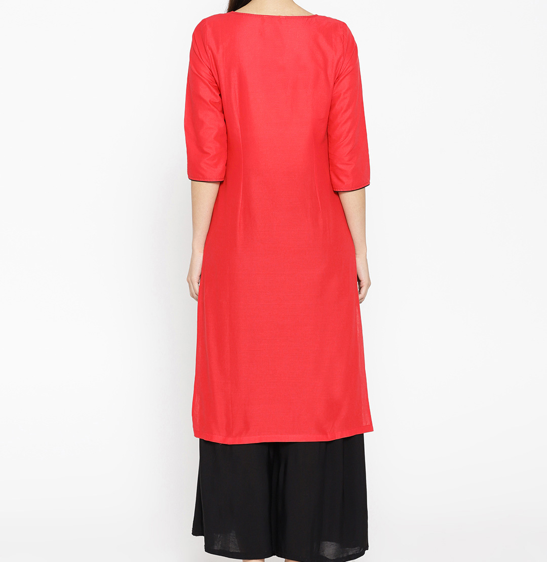 Aurelia Red & Black Yoke Design Straight Kurta