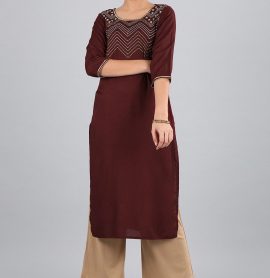 Aurelia Red Round Neck Chevron Print Kurta