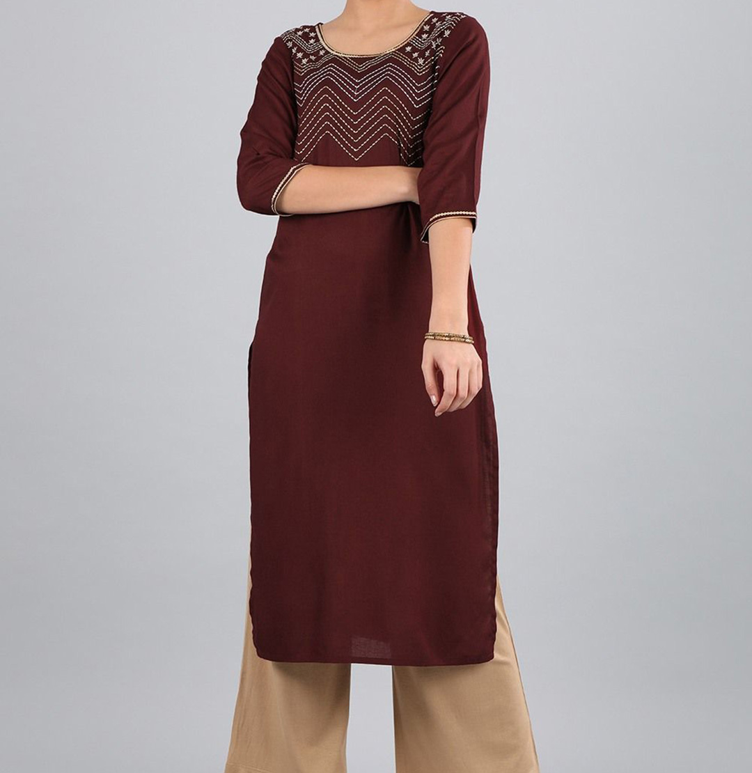 Aurelia Red Round Neck Chevron Print Kurta