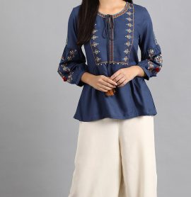 W Blue Round Neck Tie-up Top