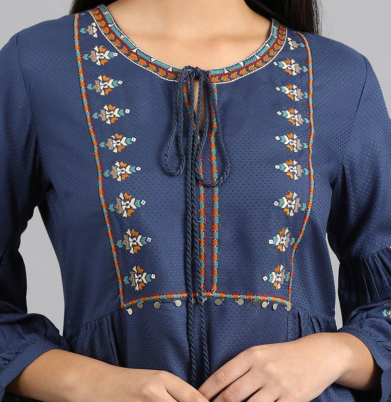 W Blue Round Neck Tie-up Top