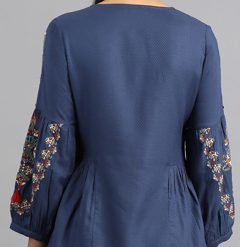 W Blue Round Neck Tie-up Top