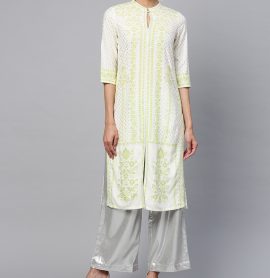 W Off-White & Green Printed Straight Kurta