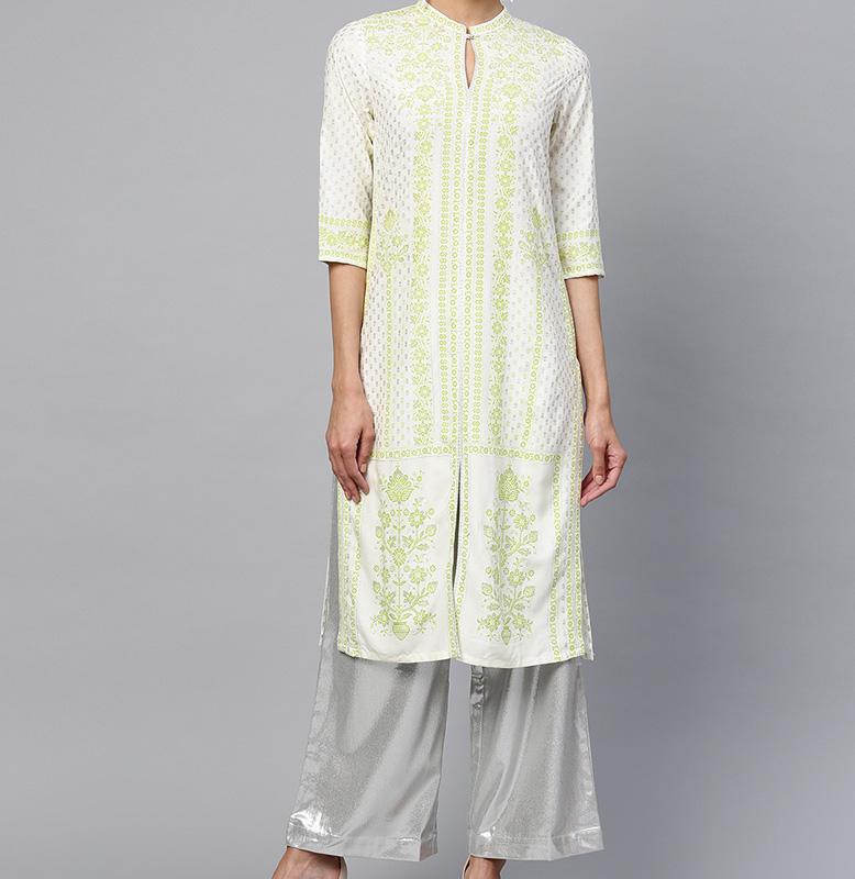 W Off-White & Green Printed Straight Kurta