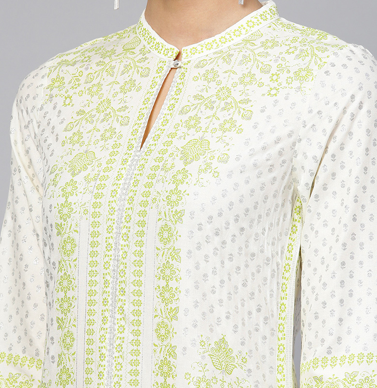 W Off-White & Green Printed Straight Kurta