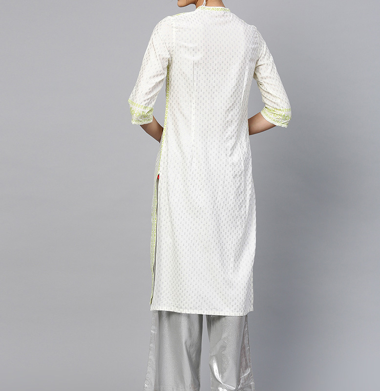 W Off-White & Green Printed Straight Kurta