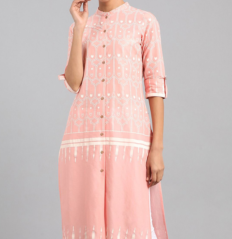 W Pink Mandarin Neck Printed Kurta