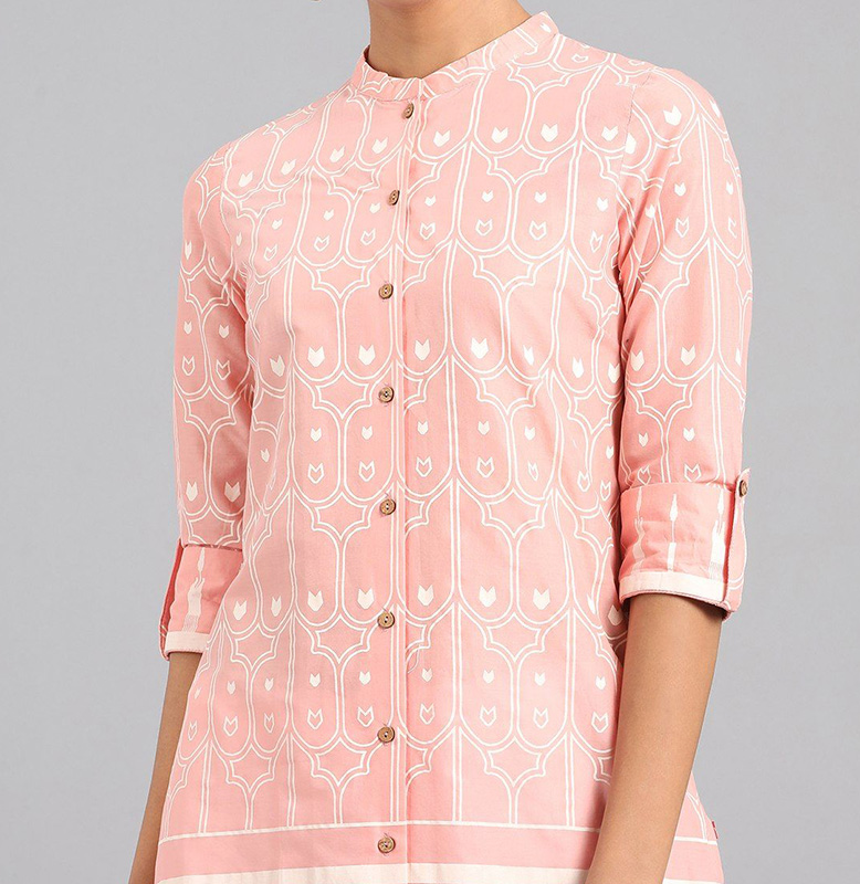 W Pink Mandarin Neck Printed Kurta