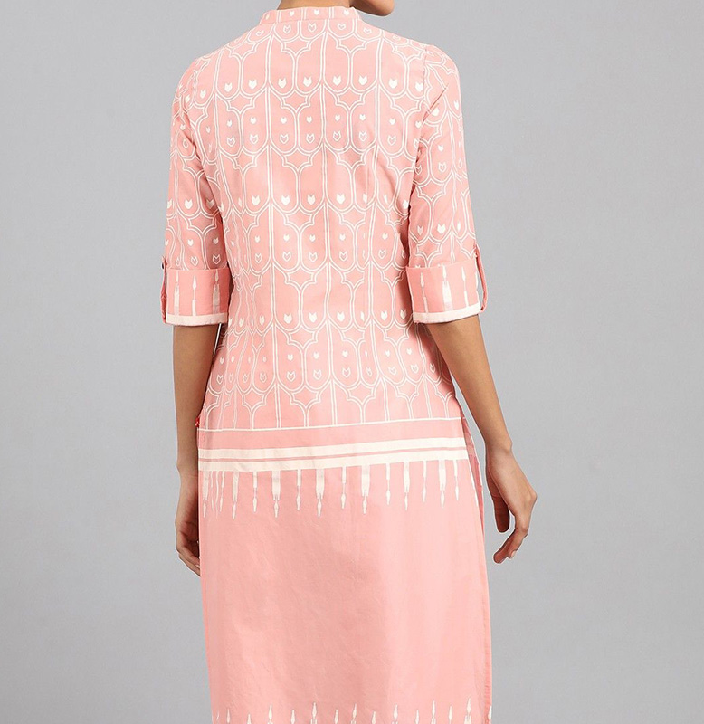 W Pink Mandarin Neck Printed Kurta