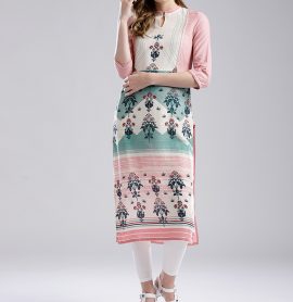 W Pink & Off-White Printed Straight Kurta