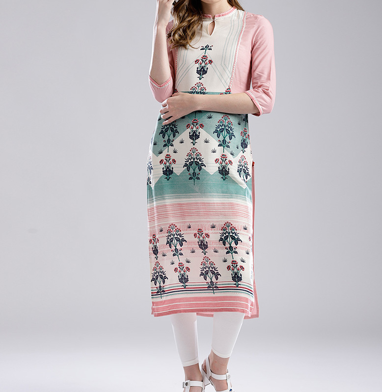 W Pink & Off-White Printed Straight Kurta