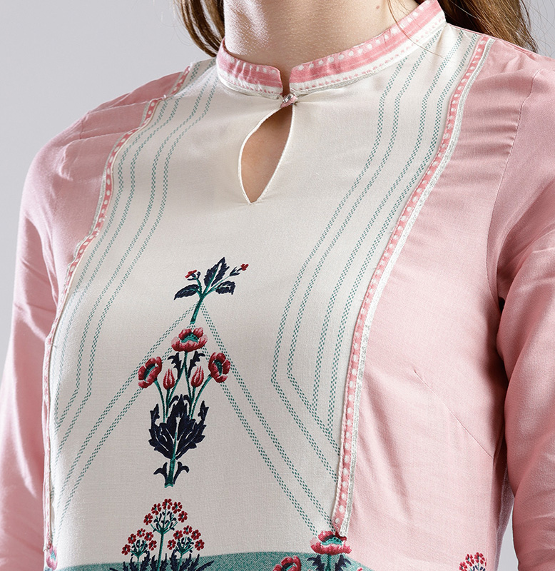 W Pink & Off-White Printed Straight Kurta