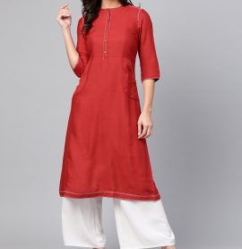 W Red Solid A Line Kurta