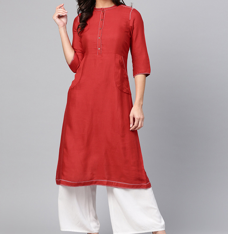W Red Solid A Line Kurta