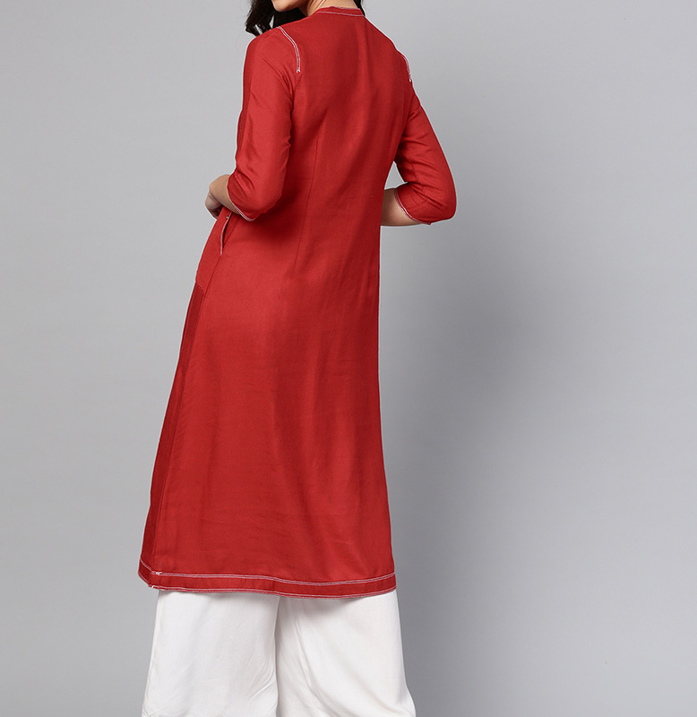 W Red Solid A Line Kurta