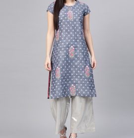 W Blue & White Printed Straight Kurta