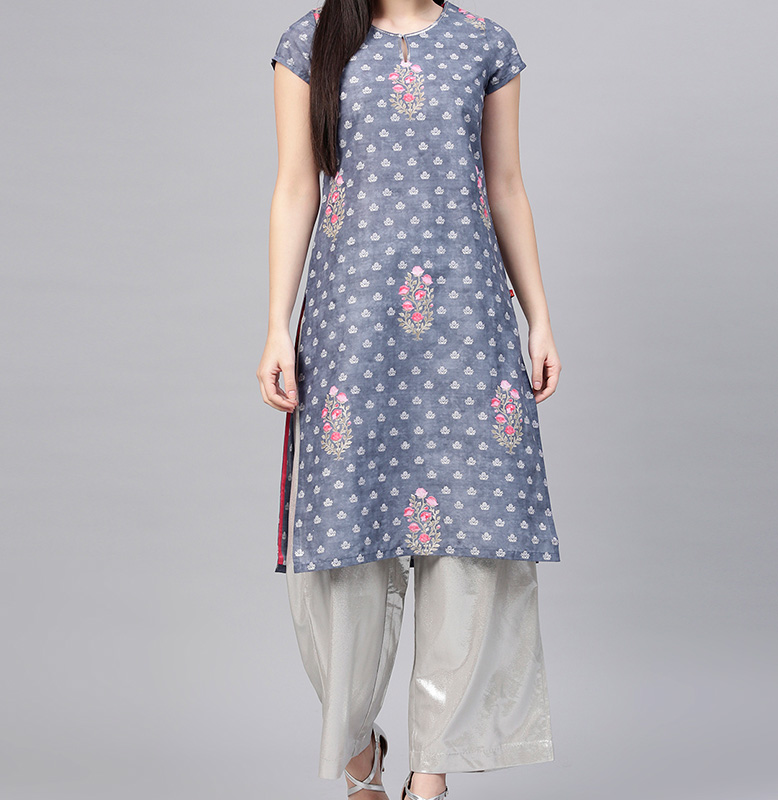 W Blue & White Printed Straight Kurta