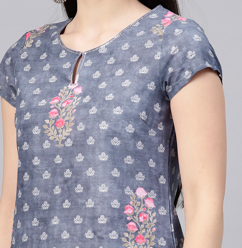 W Blue & White Printed Straight Kurta