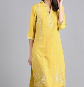 W Yellow Mandarin Neck Printed Kurta