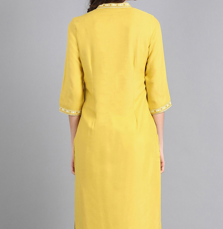 W Yellow Mandarin Neck Printed Kurta