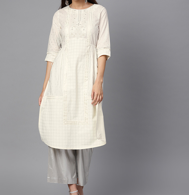 W White & Silver Printed A-Line Kurta