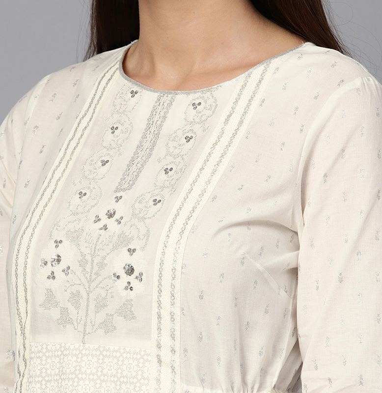 W White & Silver Printed A-Line Kurta