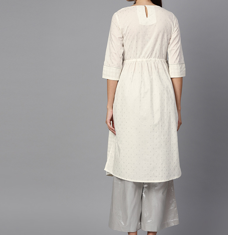 W White & Silver Printed A-Line Kurta